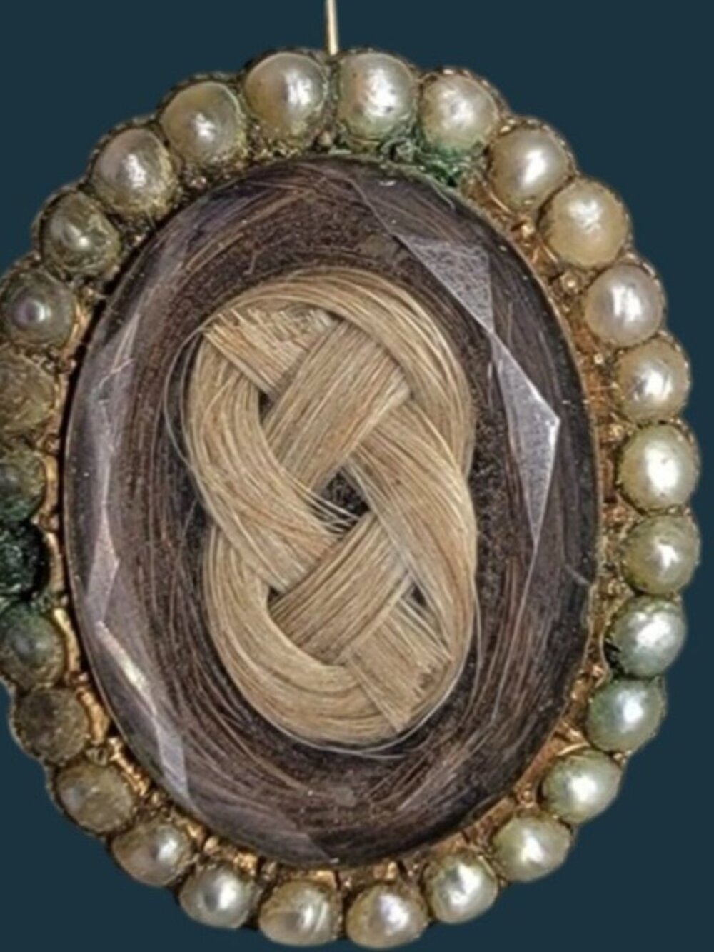 Antique Georgian 14k Gold Mourning Brooch C Clasp Pearl Two Tone Hair Woven 8.8g